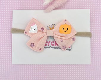 Pink Linen Halloween Bow Headband – Baby Girl Ghost & Pumpkin Hair Bow – Baby Fall Hair Accessory