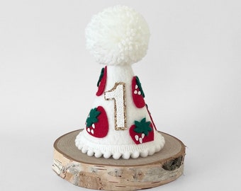 White/red strawberry theme party hat, Berry birthday, 1st birthday, Strawberry cake smash hat, Strawberry outfit, Strawberry photoshoot