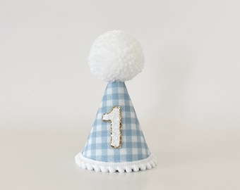 Baby blue gingham 1st birthday party hat, Gingham party hat, Boy blue birthday party hat, Cake smash, Gingham style, Any age