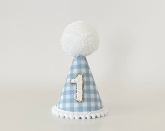 Baby blue gingham 1st birthday party hat, Gingham party hat, Boy blue birthday party hat, Cake smash, Gingham style, Any age