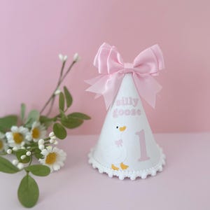 May include: White party hat with a pink bow, the words "silly goose" and the number "1". The hat has a scalloped edge and a cartoon goose illustration. The background is a solid pink.