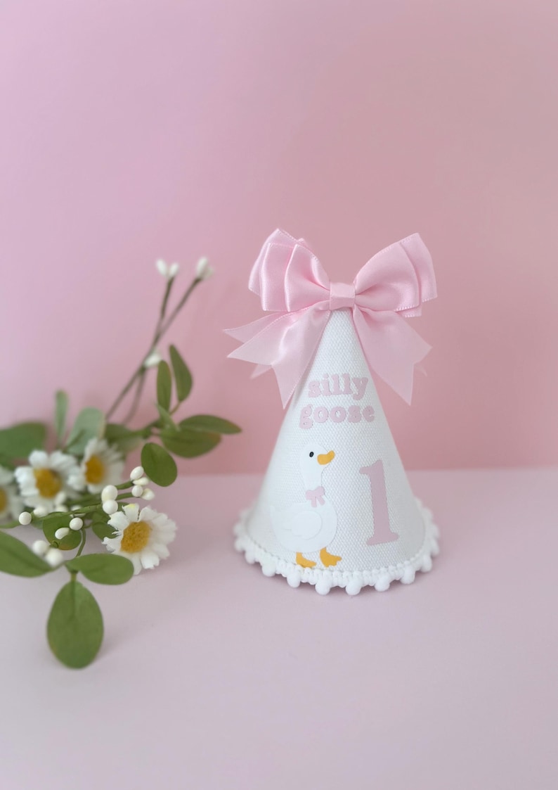 May include: White party hat with a pink bow, the words "silly goose" and the number "1". The hat has a scalloped edge and a cartoon goose illustration. The background is a solid pink.