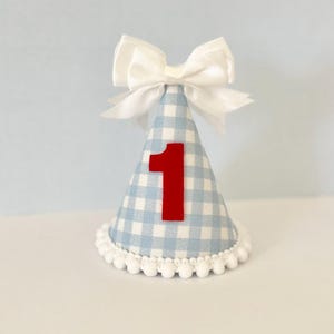 July 4th blue gingham bow party hat, Patriotic bow hat, Independence Day girl 1st birthday crown, 1st birthday, Holiday party hat