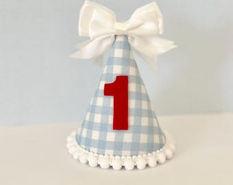 July 4th blue gingham bow party hat, Patriotic bow hat, Independence Day girl 1st birthday crown, 1st birthday, Holiday party hat