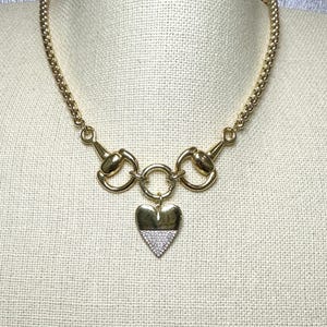 Equestrian Horse Snaffle Bit -- Crystal Heart Charm--Shiny Gold Box Chain Necklace