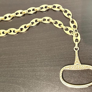 Equestrian Equine Horse Snaffle Bit Encrusted with Champagne Crystals Shiny Gold Mariner Chain Necklace Stunning Statement Necklace