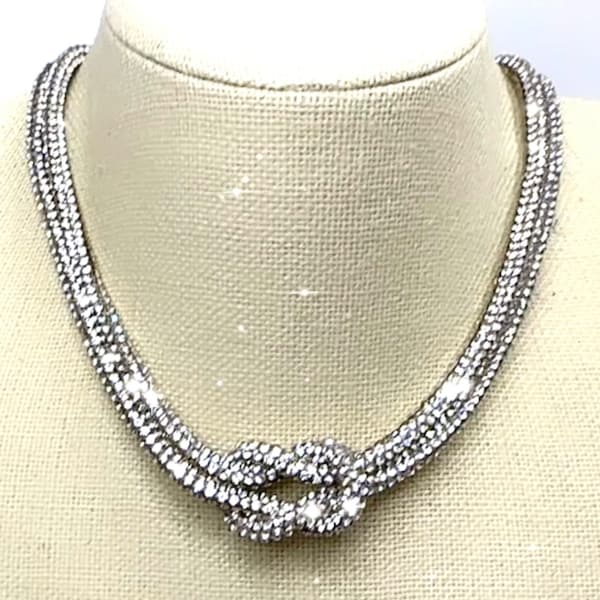 Rhinestone Crystal Sparkle Love Knot Necklace-Choker-Silver-Adjustable Length-Trending NOW!