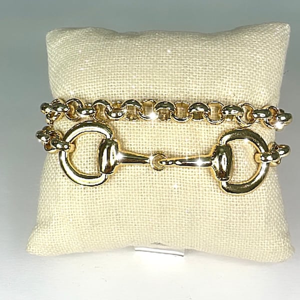Equestrian Horse Snaffle Bit Shiny Gold Rolo Chain Double Wrap Bracelet w/ Magnetic Clasp