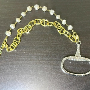 Equestrian Equine Horse Snaffle Bit w/Crystals-Shiny Gold Mariner Chain & Real Pearl Necklace—Stunning MIXED METAL Statement Necklace