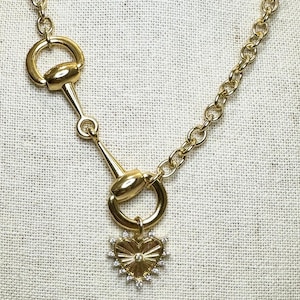 Equestrian Horse Snaffle Bit Shiny Gold Oval Chain Necklace w/ CZ Fluted Heart Charm