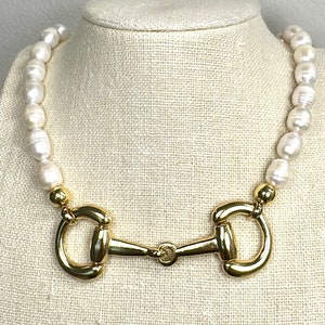Stunning Gold Equestrian Horse Snaffle Bit - Lustrous Fresh Water Pearl Necklace