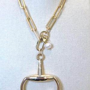 Equestrian Equine Horse Snaffle Bit Matte Gold Rectangle Chain Necklace with Fresh Water Pearl Accent—Stunning Statement Necklace