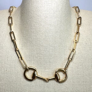 Equestrian Horse Snaffle Bit Shiny Gold Paperclip Chain Necklace