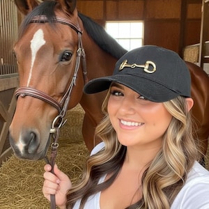 Equestrian Baseball Cap Black Cotton Hat with Gold Horse Bit