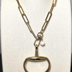 Equestrian Equine Horse Snaffle Bit Shiny Gold Rectangle Chain Necklace with Fresh Water Pearl Accent—Stunning Statement Necklace