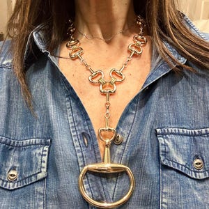 Equestrian Equine Horse Snaffle Bit “Y”  Lariat Gold Necklace — Stunning Statement Necklace- Large Bit!