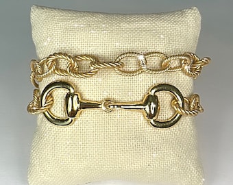 Equestrian Horse Snaffle Bit Antique Matte Gold Rope Chain Double Wrap Bracelet w/ Magnetic Clasp