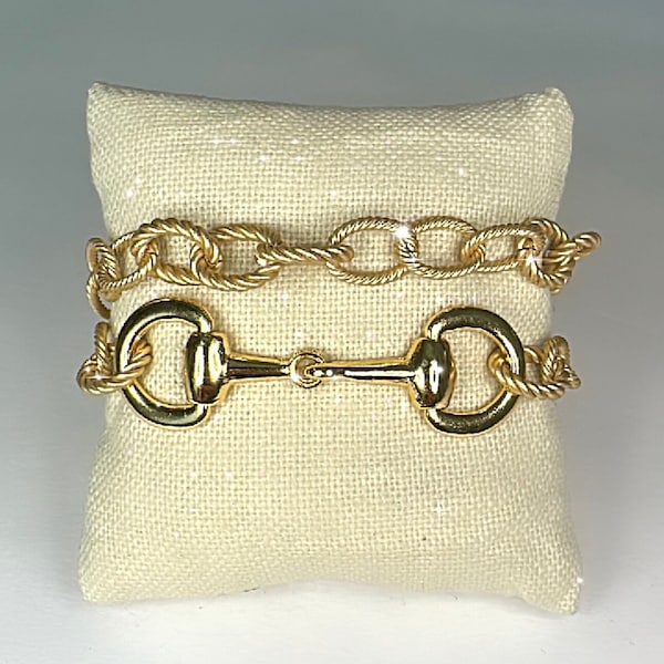 Equestrian Horse Snaffle Bit Antique Matte Gold Rope Chain Double Wrap Bracelet w/ Magnetic Clasp