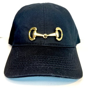 Equestrian Baseball Cap Black Cotton Hat with Gold Horse Bit