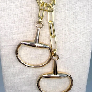 Equestrian Equine Horse Snaffle Bit Shiny Gold Rectangle Chain Long Lariat Necklace —Stunning Statement Necklace