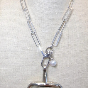 Equestrian Equine Horse Snaffle Bit Shiny Silver Rectangle Chain Necklace with Fresh Water Pearl Accent—Stunning Statement Necklace