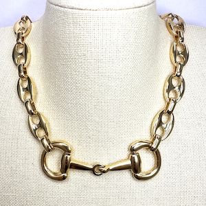 Equestrian Horse Snaffle Bit Shiny Gold Mariner Chain Statement Necklace