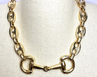 Equestrian Horse Snaffle Bit Shiny Gold Mariner Chain Statement Necklace