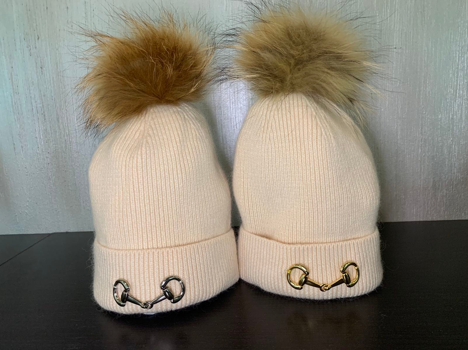 Cashmere Blend Beanie: Ivory Winter Hat With Fox Fur Pom and 
