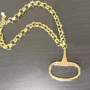 Equestrian Equine Horse Snaffle Bit Necklace with Champagne Crystals-Shiny Gold Rolo Chain -Make a Stunning Statement