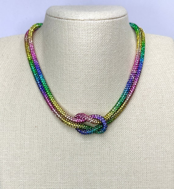 RAINBOW MULTI color Rhinestone Crystal Sparkle Love Knot Necklace Choker Adjustable Length Trending NOW