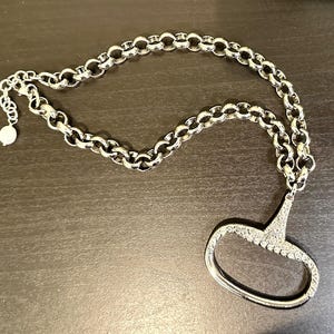 Equestrian Equine Horse Snaffle Bit Encrusted with Clear Crystals - Shiny Silver Rolo Chain Necklace Stunning Statement Necklace