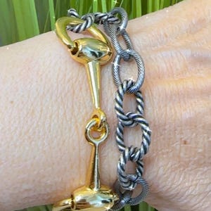 May include: Two bracelets are shown. One is a gold-colored equestrian-themed bit design. The other is a silver-colored chain link bracelet. The bracelets are worn on a wrist, with green foliage in the background.