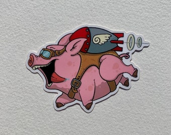 Flying Pig, Vinyl Sticker, Decoration, Pig sticker, Fantasy Animal, Rocket pack, Steampunk, Small gift, Unique gift, Fun Gift