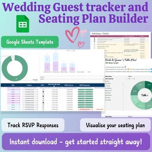 Puede incluir: Una plantilla de Google Sheets para el seguimiento de invitados a la boda y la creación de planos de asientos. La plantilla incluye un gráfico que muestra las respuestas RSVP, un plano de asientos y una lista de verificación para la novia y el novio. El texto "Wedding Guest tracker and Seating Plan Builder" está en la parte superior de la imagen. El texto "Google Sheets Template" está debajo del título. El texto "Track RSVP Responses" está en la parte inferior izquierda de la imagen. El texto "Visualise your seating plan" está en la parte inferior derecha de la imagen. El texto "Instant download - get started straight away!" está en la parte inferior central de la imagen.