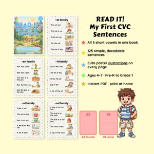 CVC Sentences Workbook | All Short Vowels Phonics PDF (Digital Download)