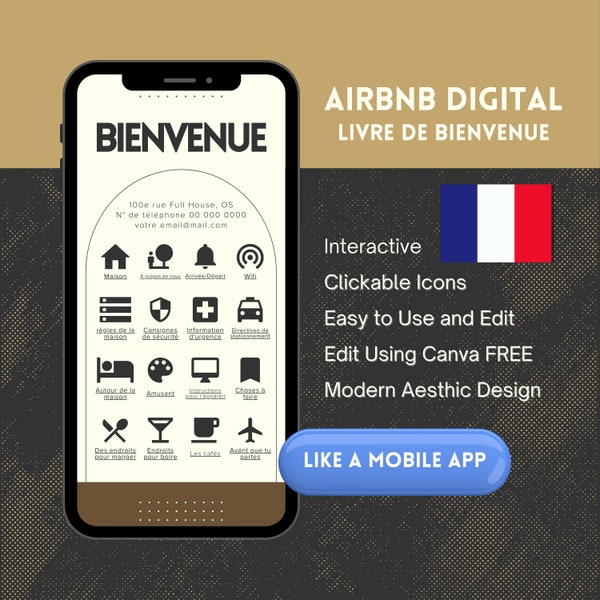 French Airbnb Digital Welcome Book Interactive Works Like an App Modern Aesthetic Français Livre de bienvenue numérique Airbnb interactif