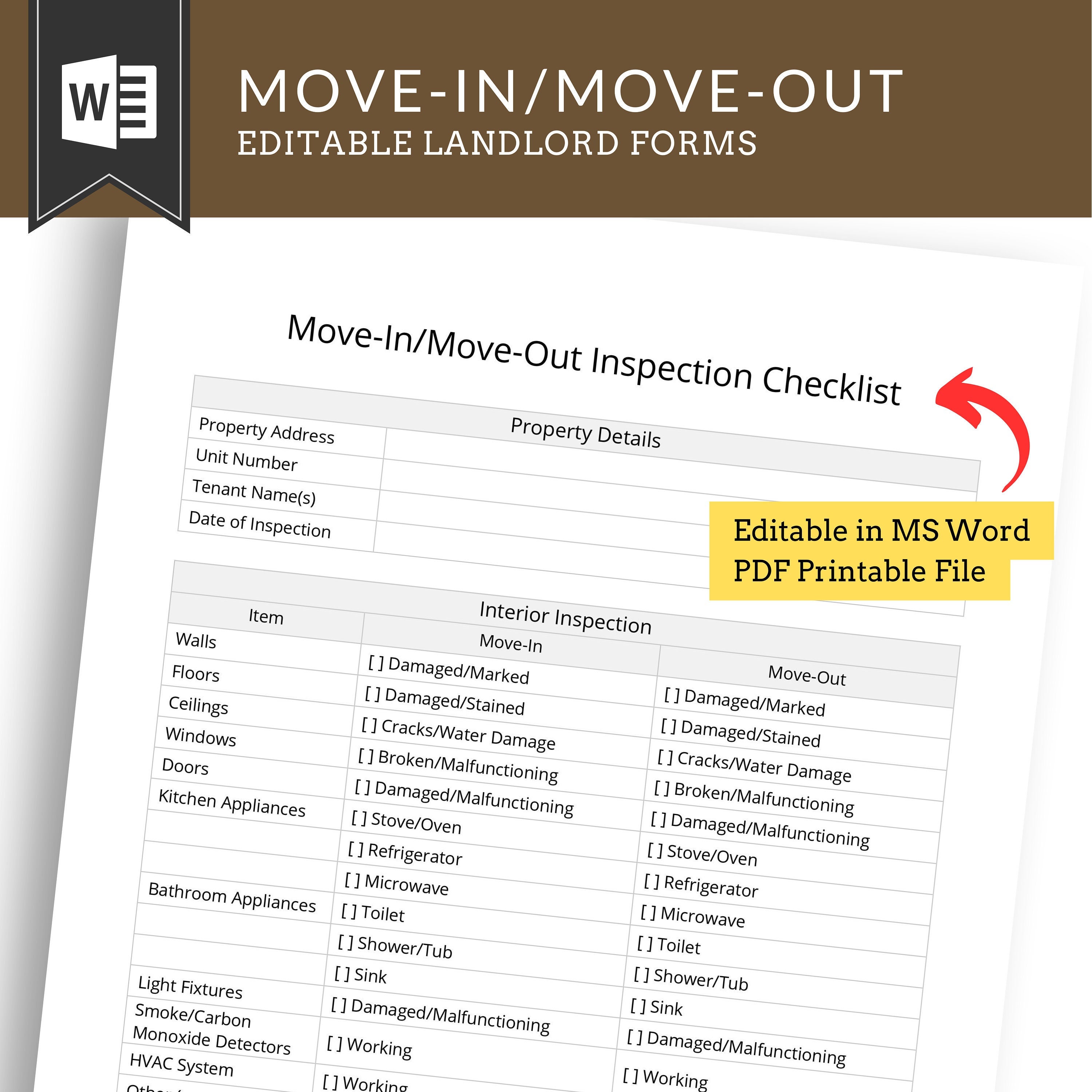 Move-in Move-out Checklist Form MS Word Printable PDF Tenancy Agreement Landlord Form Gift for ...