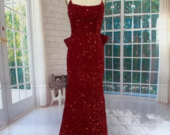 Handmade Red Sequined Evening Gown with Bow Back