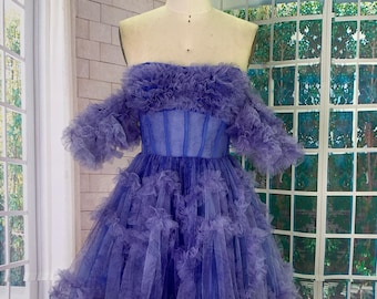 Purple Off Shoulder Ruffle Tulle Mini Dress, Corset Homecoming Party Dress