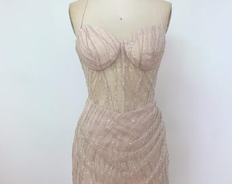 Handmade Sexy Nude Pink Beaded Mini Dress - Sheer Wave Design & Lace-Up Back, Perfect for Parties, Evenings, and Special Occasions
