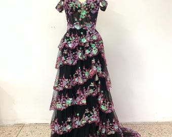 Handmade Black Floral Sequin Off-Shoulder Layered Gown