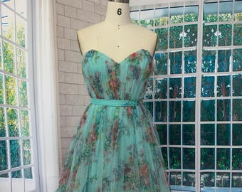 Handmade Strapless Floral Short Dress with Bow Detail - Aqua Green Summer Dress