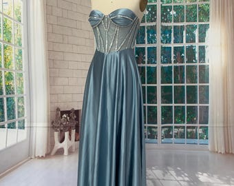 Satin Corset Bustier Gown, Beaded Sweetheart Prom Dress, A Line Evening Dress