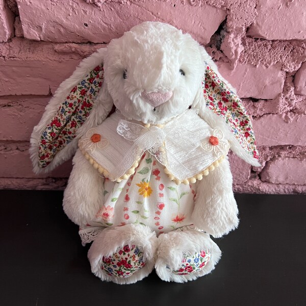 Not include Jellycat! Patchwork doll clothes with a Cute white floral dress, suitable for dolls sized H7″ x W4″