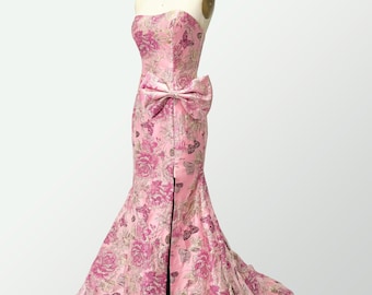 Handmade Pink Floral Jacquard Strapless Mermaid Gown with Bow Detail