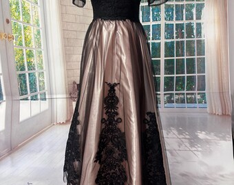 Handmade Elegant Black Lace and Tulle Evening Gown with Nude Satin Lining