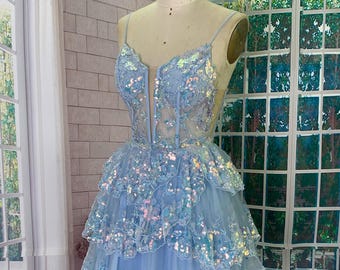 Handmade Light Blue Layered Tulle Short Dress with Iridescent Sequin Floral Appliqué, Tiered Skirt, and Sheer Bodice