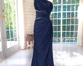 Handmade Navy Blue One-shoulder Cutout Evening Gown - Etsy