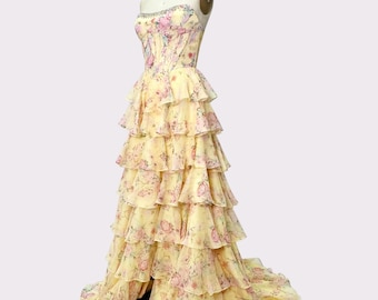 Handmade Yellow Floral Strapless Tiered Gown, French Vintage Flower Corset Dress with Layered Train