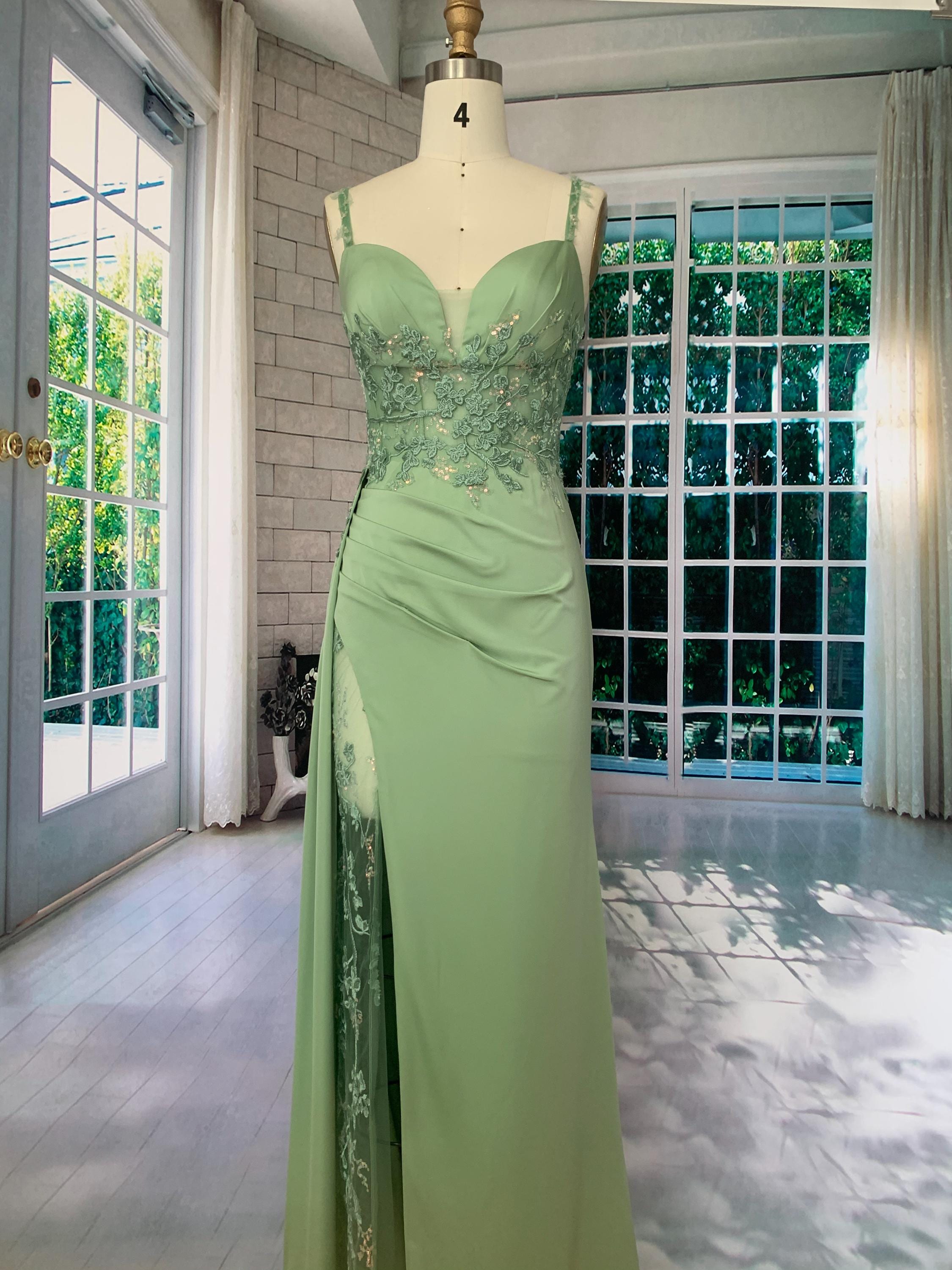green lace evening dress Green Tulle Lace Long Prom Dress with Corset, Green Formal Party Dress, Green / Custom Size